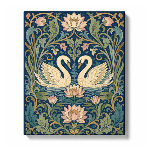 Two cream swans facing each other among pink lotus flowers, curling green leaves and gold stems on a navy blue Paint by Numbers design.