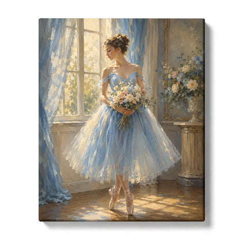 Ballerina Paint by Numbers For Adults featuring dancer in blue dress with bouquet, sunlight window, soft curtains and elegant portrait style