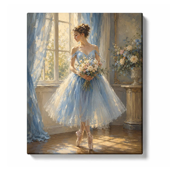 Ballerina Paint by Numbers For Adults featuring dancer in blue dress with bouquet, sunlight window, soft curtains and elegant portrait style