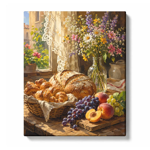 Paint by Numbers artwork showing bread, croissants, peaches, grapes and a vase of wildflowers beside a sunlit window with a lace curtain.