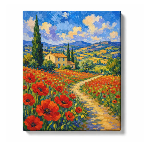Poppy Field Landscape Paint by Numbers For Adults featuring red flowers, Italian farmhouse, rolling hills, cypress trees and impressionist countryside scenery