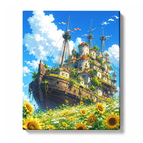 Anime-style Paint by Numbers artwork of a wooden castle ship with tall masts, orange-roofed towers and sunflowers beneath a blue sky.
