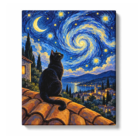 Black Cat with Green Eyes under Swirling Starry Sky