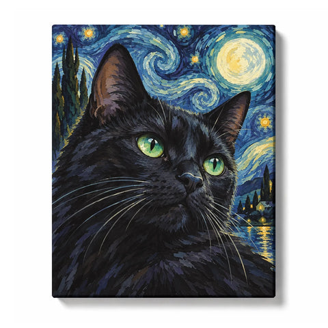 Black Cat under Swirling Starry Sky