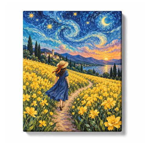 Girl in Yellow Flower Field under Swirling Starry Sky