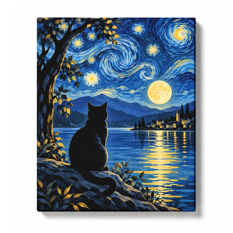 Lakeside Village under Swirling Moonlit Sky