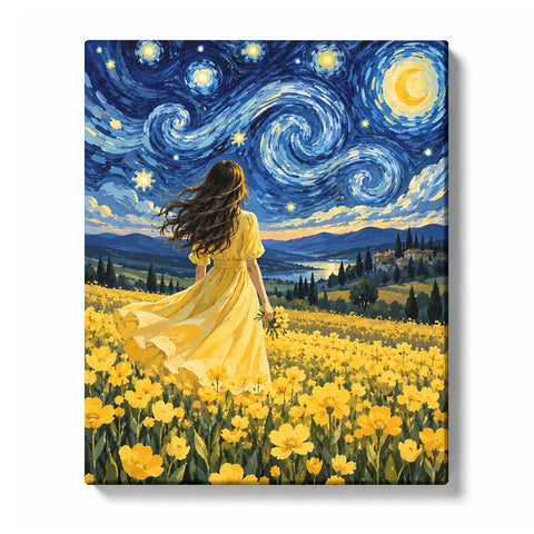 Swirling Wheat Field with Cypress under Blue Clouds