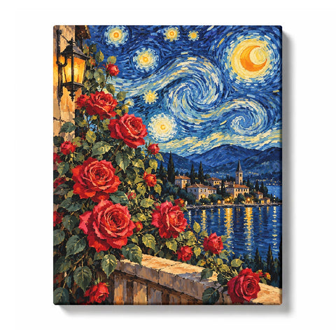 Red Roses under Swirling Starry Sky