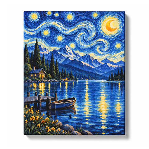 Moonlit Mountain Lake with Rowboat