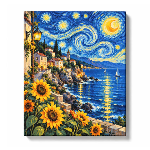 Starry Lakeside Village with Cypress Trees