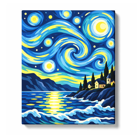 Moonlit Ocean Village under Swirling Starry Sky