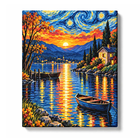 Sunset River Village with Rowboats