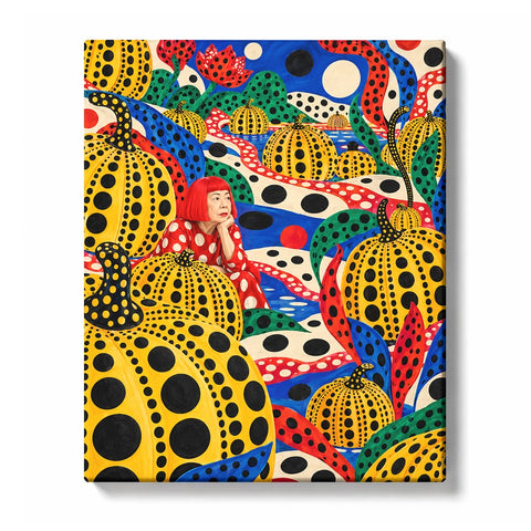 Yayoi Kusama tribute with a red-haired figure among yellow dotted pumpkins