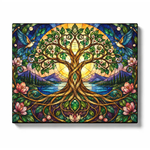 Tree of Life Stained Glass - PaintEasy paint by numbers kit design featuring a stained glass tree of life with hummingbirds, blossoms and a mountain lake at its roots