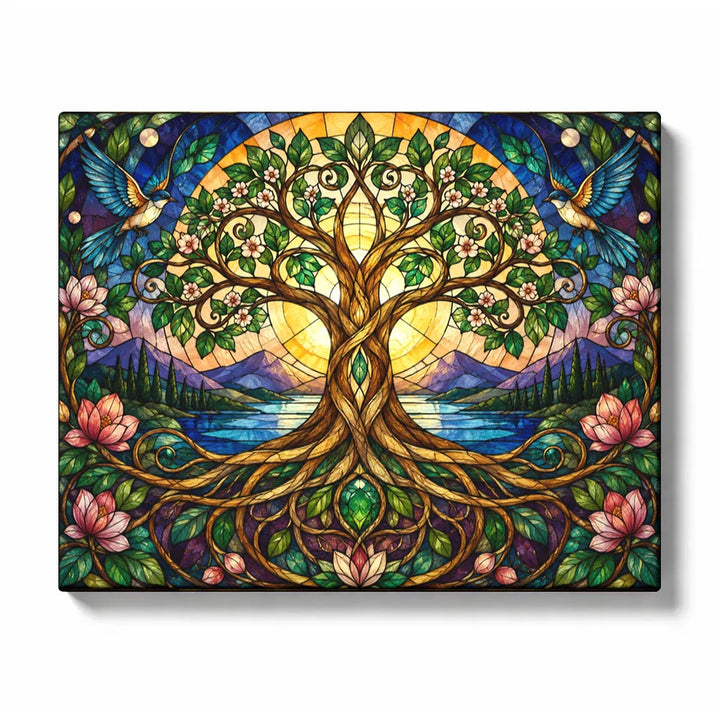 Tree of Life Stained Glass - PaintEasy paint by numbers kit design featuring a stained glass tree of life with hummingbirds, blossoms and a mountain lake at its roots
