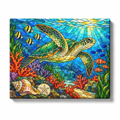 Sea Turtle Stained Glass - PaintEasy paint by numbers kit design featuring a sea turtle gliding over a coral reef with tropical fish and sunlit waves in stained glass
