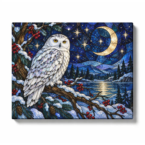 Winter Moon Owl - finished paint by numbers canvas on a white background
