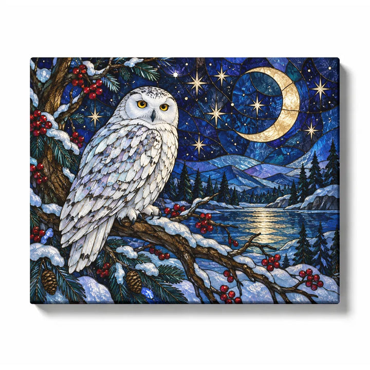 Winter Moon Owl - finished paint by numbers canvas on a white background