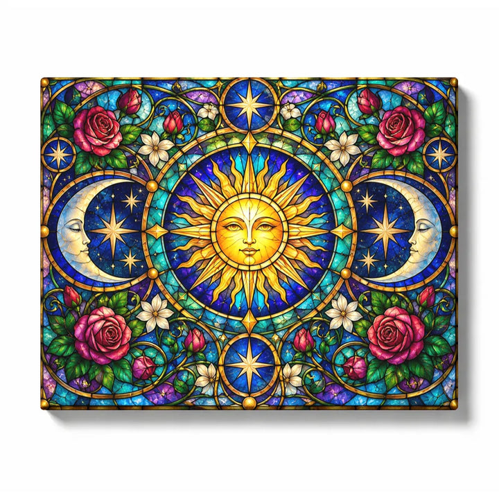 Celestial Sun and Moon Stained Glass - PaintEasy paint by numbers kit design featuring a celestial sun with crescent moon faces among stars and roses in stained glass