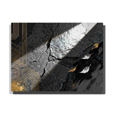 Paint by numbers light beam through cracked stone with floating feather elements and gold geometric lines, modern abstract wall art