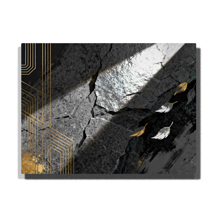 Paint by numbers light beam through cracked stone with floating feather elements and gold geometric lines, modern abstract wall art