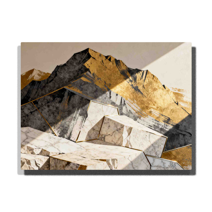 Paint by numbers marble mountain ridge with geometric stone layers and golden edges, architectural landscape wall art