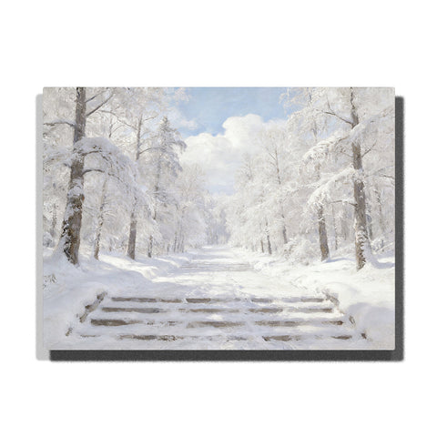 Cloud Dancer snowy forest path with steps paint by numbers kit in soft white winter tones
