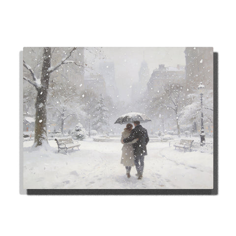 Cloud Dancer snowy city park couple under umbrella paint by numbers kit with soft white winter tones
