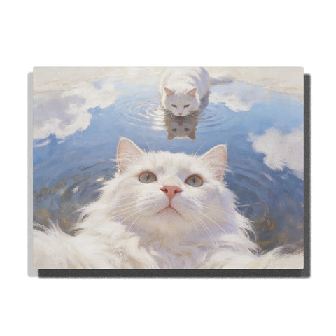 Cloud Dancer cat with fluffy white fur looking upward, reflected in a calm blue water surface, with soft cloud reflections and a second white cat near the top edge, Paint by Numbers kit by PaintEasy.