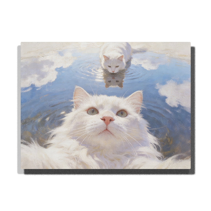 Cloud Dancer cat with fluffy white fur looking upward, reflected in a calm blue water surface, with soft cloud reflections and a second white cat near the top edge, Paint by Numbers kit by PaintEasy.
