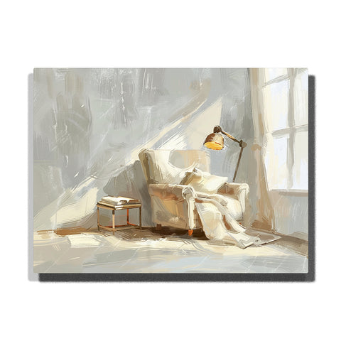 Cloud Dancer cozy reading nook paint by numbers kit with armchair, warm lamp, and soft neutral tones
