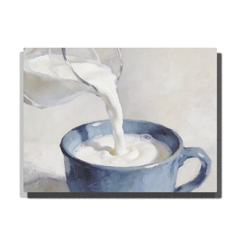 Cloud Dancer milk pouring into blue mug paint by numbers kit in soft white and calm neutral tones
