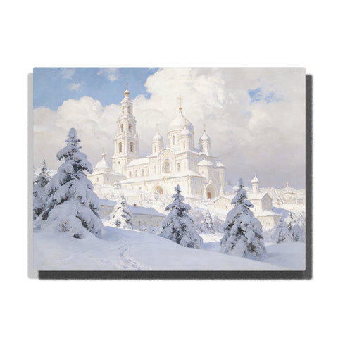 Cloud Dancer snowy cathedral winter landscape paint by numbers kit with soft white tones and a calm, airy atmosphere
