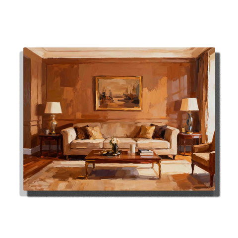 Mocha Mousse classic living room with cream sofa, matching table lamps, framed wall art, polished coffee table, warm wood-paneled walls, and soft beige-brown interior tones, Paint by Numbers kit for adults by PaintEasy.