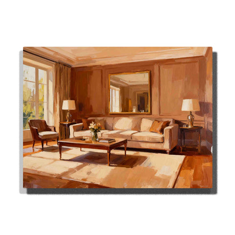Mocha Mousse elegant living room glow with cream sofa, warm wood wall panels, framed mirror, table lamps, sunlit window, coffee table, and soft beige interior tones, Paint by Numbers kit for adults by PaintEasy.