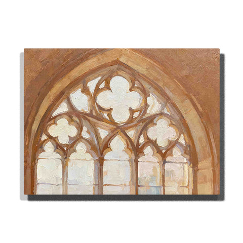 Mocha Mousse Gothic window glow with arched stone frame, quatrefoil tracery, creamy light-filled panes, warm beige and brown tones, and elegant architectural composition, Paint by Numbers kit for adults by PaintEasy.