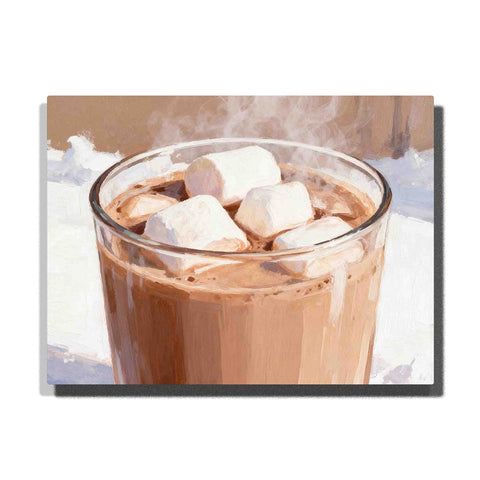 Mocha Mousse hot cocoa treat in a clear glass with white marshmallows, rising steam, creamy chocolate tones, soft beige background, and cozy close-up still-life composition, Paint by Numbers kit for adults by PaintEasy.