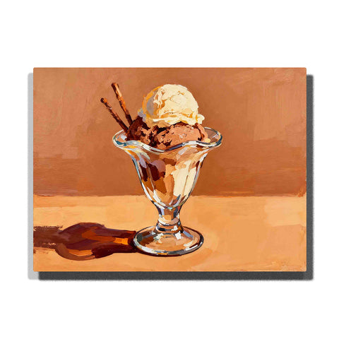 Mocha Mousse ice cream delight in a glass dessert cup with chocolate and vanilla scoops, wafer sticks, warm caramel-brown background, glossy reflections, and cozy still-life composition, Paint by Numbers kit for adults by PaintEasy.