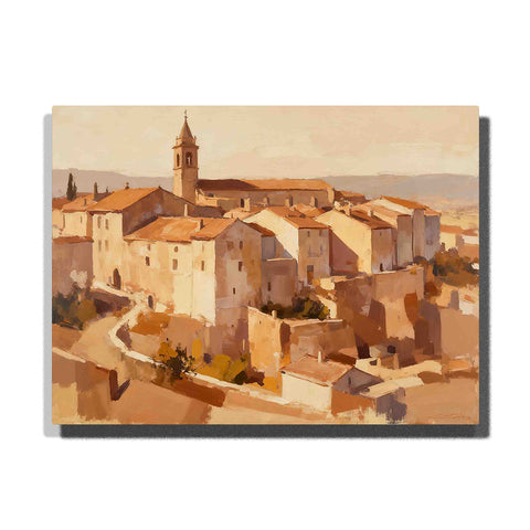 Mocha Mousse old town vista with sunlit stone buildings, terracotta rooftops, winding streets, warm beige walls, a tall bell tower, and soft earthy landscape tones, Paint by Numbers kit for adults by PaintEasy.
