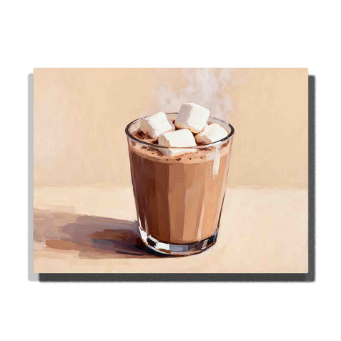 Mocha Mousse steamy cocoa cup in a clear glass with white marshmallows, warm chocolate brown drink, soft beige background, gentle steam, and cozy still-life composition, Paint by Numbers kit for adults by PaintEasy.