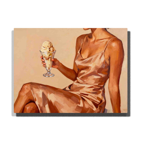 Mocha Mousse inspired woman in champagne satin dress holding a glass of vanilla ice cream, with warm coffee brown tones, creamy beige background, caramel skin shadows, satin highlights, and elegant figurative composition, Paint by Numbers kit for adults by PaintEasy.