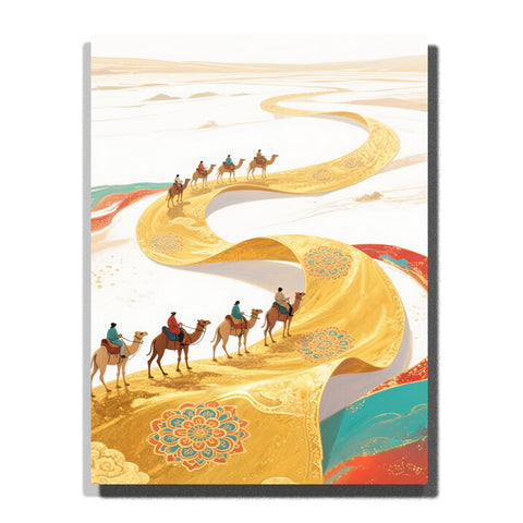 Camel caravan traveling along a golden mandala path through pale desert dunes, featuring turquoise and red accents, floral patterns, and soft horizon light.