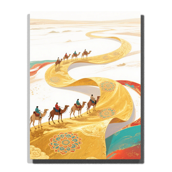 Camel caravan traveling along a golden mandala path through pale desert dunes, featuring turquoise and red accents, floral patterns, and soft horizon light.