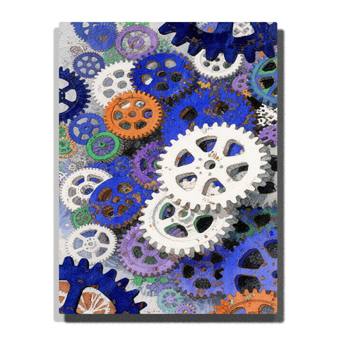 Layered blue gear wheels with large white cog, orange gear, purple and green accents, gray mechanical background, and overlapping circular shapes, PaintEasy Paint by Numbers kit.