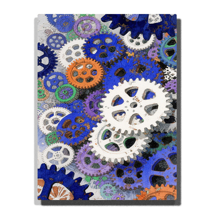 Layered blue gear wheels with large white cog, orange gear, purple and green accents, gray mechanical background, and overlapping circular shapes, PaintEasy Paint by Numbers kit.