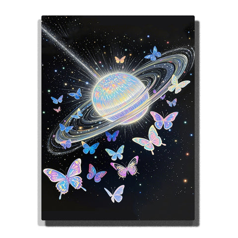 Iridescent butterflies flying around a glowing ringed planet in a starry black sky, featuring pastel wings, orbit lines, sparkles, and cosmic fantasy light.