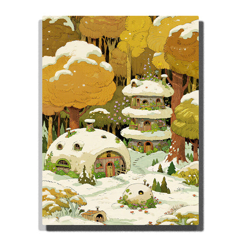 Snowy forest village with rounded cottages, tree houses, golden winter trees, arched doors, warm windows, curved paths, and whimsical woodland details.