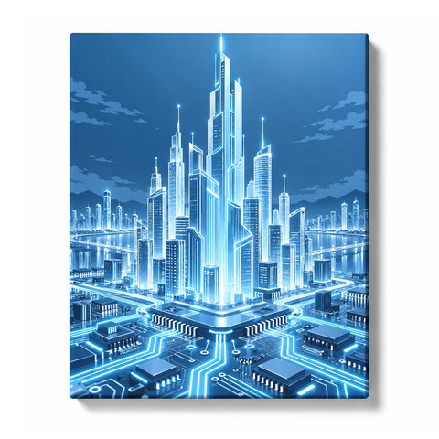 Glowing Blue Digital City and Circuit Patterns