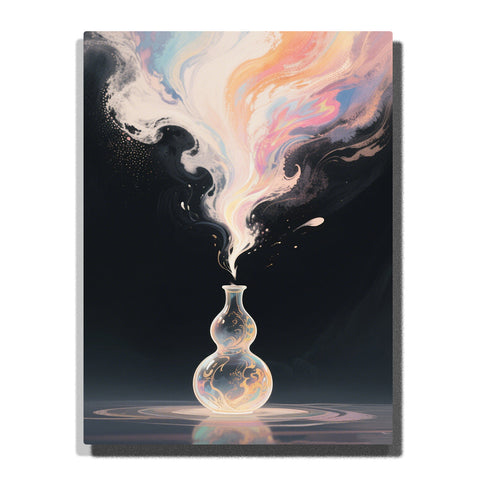 Glass vase releasing pastel smoke on a dark background, featuring peach, pink, blue, cream, and lavender mist with glowing highlights and magical sparkles.
