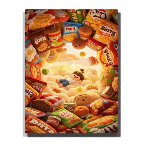 Little girl resting in a giant snack wonderland with oversized cookies, colorful packages, soft golden light, candy details, and cloud-like bedding, PaintEasy Paint by Numbers kit.
